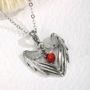NWT Silver Angel Wing Necklace with Red Heart Pendant